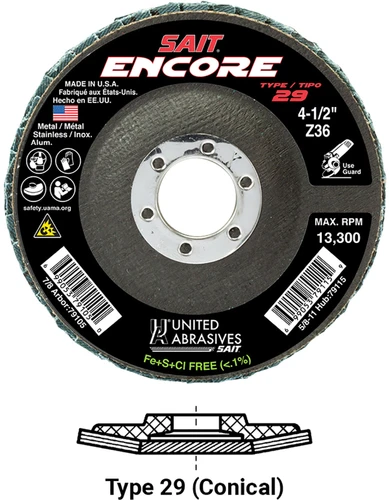 United Abrasives SAIT 79129 Encore Regular Density Flap Disc | 5" Diameter | 7/8" Arbor Hole | Zirconium 80 Grit | Type 29 | Sold by Pack of 10