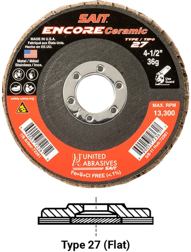 United Abrasives SAIT 72262 Encore Regular Density Flap Disc | 4-1/2" Diameter | 7/8" Arbor Hole | Ceramic 40 Grit | Type 27 | Sold by Pack of 10