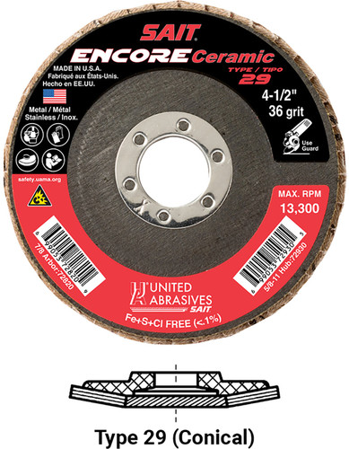 United Abrasives SAIT 72820 Encore Regular Density Flap Disc | 4-1/2" Diameter | 7/8" Arbor Hole | Ceramic 36 Grit | Type 29 | Sold by Pack of 10