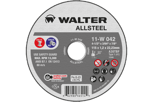 Allsteel 11W072 Cut-Off Wheel | Type 1 | 7" Diameter | 5/64" Thickness | 7/8" Arbor Hole | A-30 Grade | Sold by Box of 25