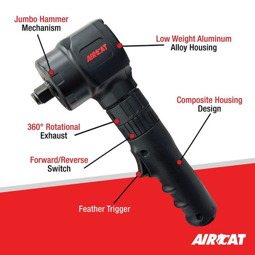 Aircat Pneumatic Tools 1070 Angle Impact Wrench | 500 (ft-lbs) Max Torque | 9700 RPM | 1/2" Square Drive