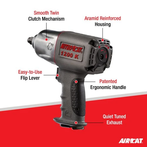 Aircat Pneumatic Tools 1200-K Nitrocat Composite Twin Clutch Impact Wrench | 900 (ft-lbs) Max Torque | 8000 RPM | 1/2" Square Drive