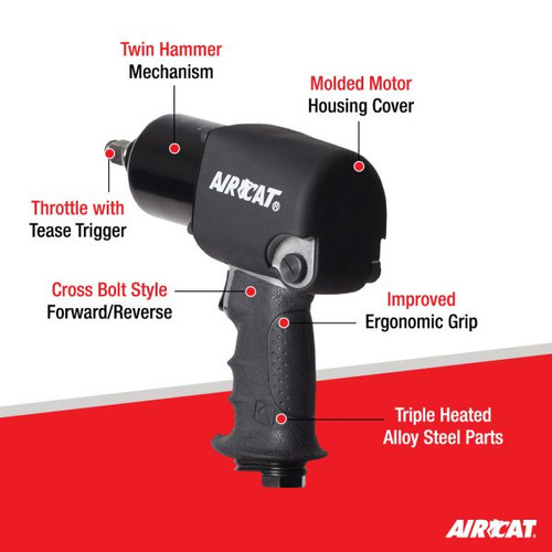 Aircat Pneumatic Tools 1460-XL High Air Pressure Impact Wrench | 725 (ft-lbs) Max Torque | 9600 RPM | 1/2" Square Drive