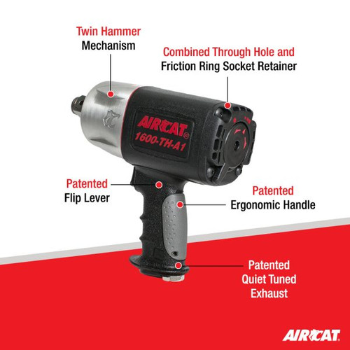 Aircat Pneumatic Tools 1600-TH-A1 Composite Pistol Grip Impact Wrench | 1400 (ft-lbs) Max Torque | 4500 RPM | 1" Square Drive