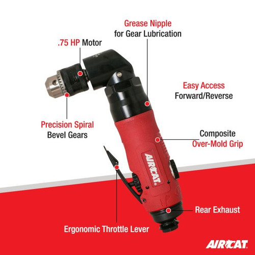 Aircat Pneumatic Tools 4337 Angle Drill | 0.75 HP | 1600 RPM | 3/8" Chuck Size | 3/8" x 24 Spindle Tread
