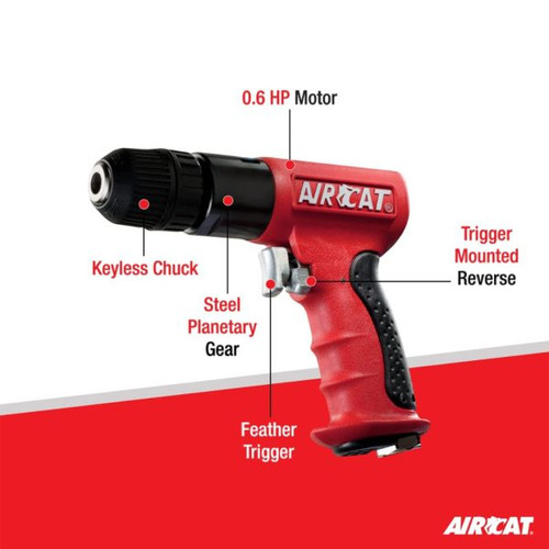Aircat Pneumatic Tools 4338 Composite Reversible Drill | 0.6 HP | 1800 RPM | 3/8" Chuck Size | 3/8" x 24 Spindle Tread