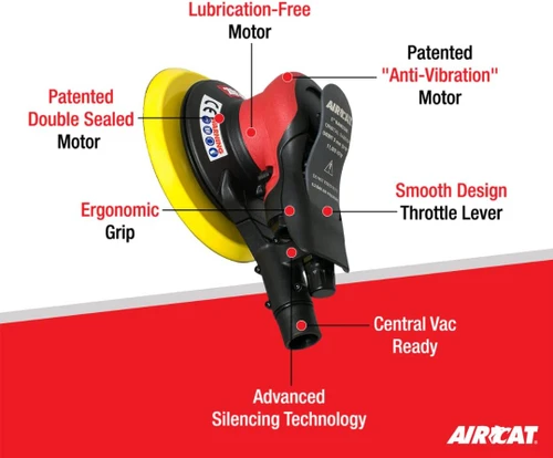 Aircat Pneumatic Tools 6700-5-336CV Central Vac Orbital Palm Sander | 5" Pad Size | 11000 RPM | 3/16" Orbit | Hook & Loop