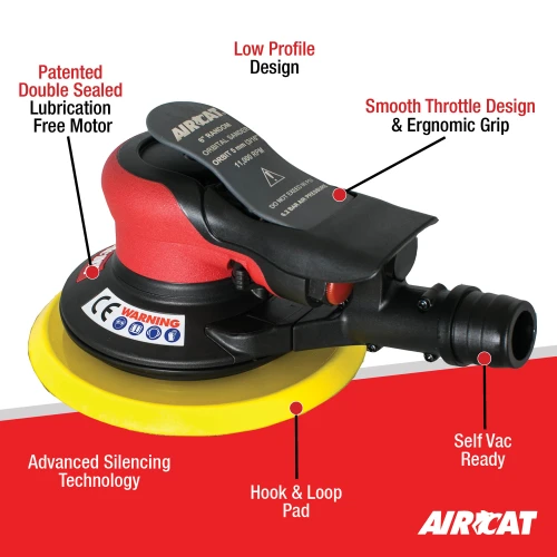 Aircat Pneumatic Tools 6700-6-336SV Self Vac Orbital Palm Sander | 6" Pad Size | 11000 RPM | 3/16" Orbit | Hook & Loop