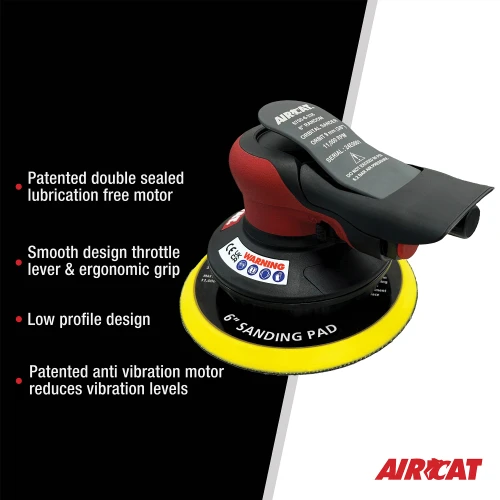 Aircat Pneumatic Tools 6700-6-338CV Central Vac Orbital Palm Sander | 6 Pad Size | 11000 RPM | | Hook & Loop