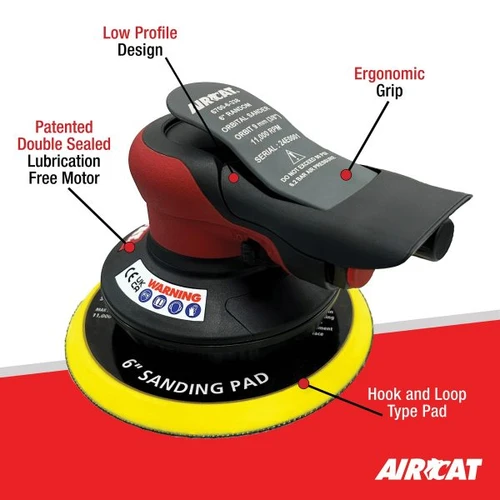 Aircat Pneumatic Tools 6700-6-338 Non Vac Orbital Palm Sander | 6 Pad Size | 11000 RPM | | Hook & Loop