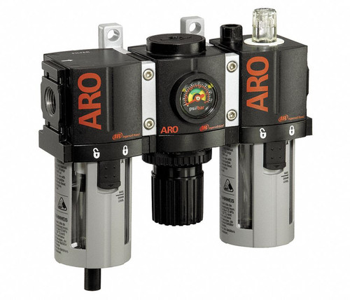ARO C38221-800 3-Piece FRL Combination Unit | 1500 Series | 1/4" NPT Port Size | Relieving | Polycarbonate Bowl with Guard | 61 SCFM