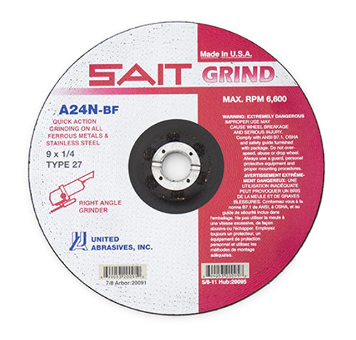 United Abrasives 1/4" Type 27 Aluminum Oxide Grinding Wheel | 20002 | 3" Diameter