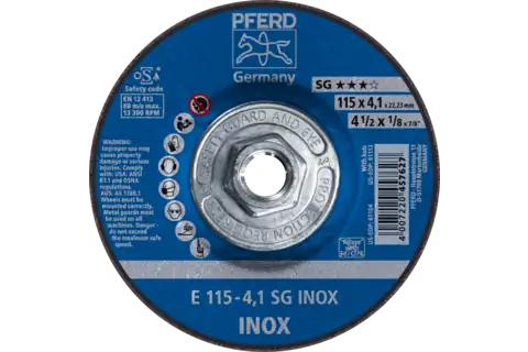 Pferd 61113 SG INOX Type 27 Grinding Wheel | 4-1/2" Diameter | 5/8-11" Arbor Hole | 1/8" Thickness | Sold by Box of 10