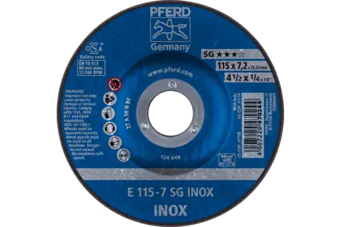 Pferd 61105 SG INOX Type 27 Grinding Wheel | 4-1/2" Diameter | 7/8" Arbor Hole | 1/4" Thickness | Sold by Box of 10