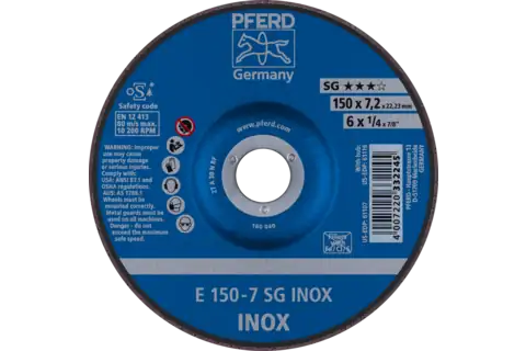Pferd 61107 SG INOX Type 27 Grinding Wheel | 6" Diameter | 7/8" Arbor Hole | 1/4" Thickness | Sold by Box of 10