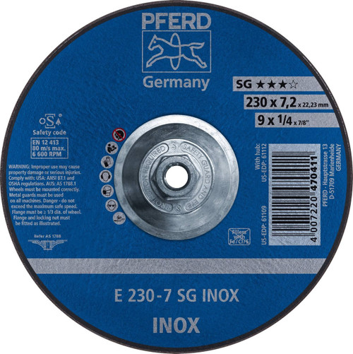 PFERD 1/4" Grinding Wheel - For Stainless Steel  A 30 N SG INOX 5/8-11" Thread Hole