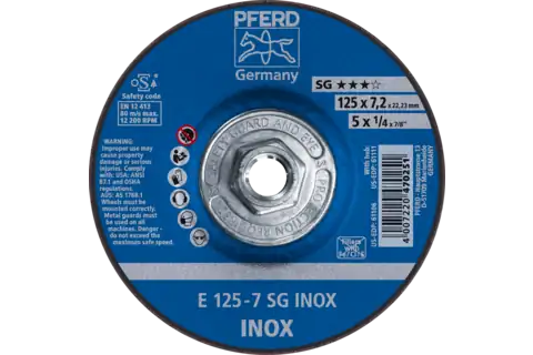 Pferd 61111 SG INOX Type 27 Grinding Wheel | 5" Diameter | 5/8-11" Arbor Hole | 1/4" Thickness | Sold by Box of 10