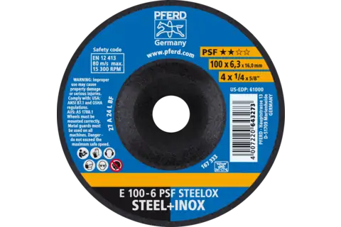 Pferd 61000 PSF STEELOX Type 27 Grinding Wheel | 4" Diameter | 5/8" Arbor Hole | 1/4" Thickness | Sold by Box of 10