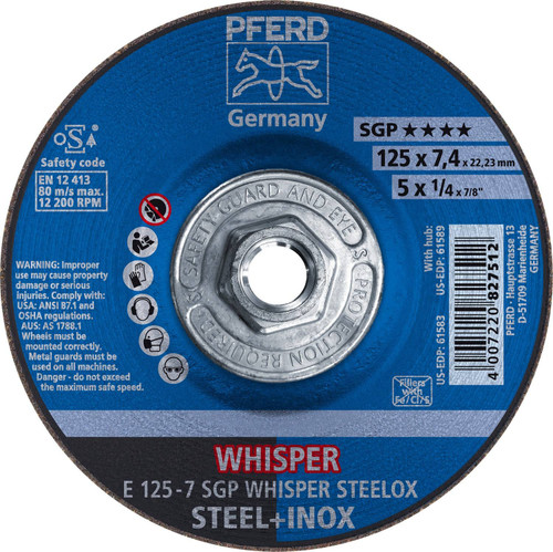 PFERD 1/4" Type 27 WHISPER Aluminum Oxide Grinding Wheel Threaded Arbor Hole