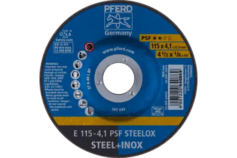 Pferd 63410 PSF STEELOX Type 27 Grinding Wheel | 4-1/2" Diameter | 7/8" Arbor Hole | 1/8" Thickness | Sold by Box of 10