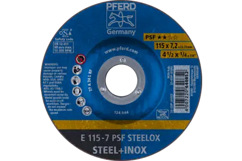 Pferd 61002 PSF STEELOX Type 27 Grinding Wheel | 4-1/2" Diameter | 7/8" Arbor Hole | 1/4" Thickness | Sold by Box of 10