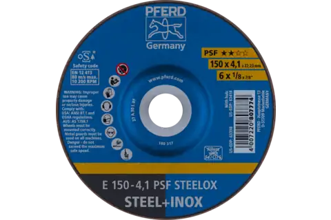Pferd 63398 PSF STEELOX Type 27 Grinding Wheel | 6" Diameter | 7/8" Arbor Hole | 1/8" Thickness | Sold by Box of 10