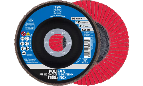 PFERD 62597 Polifan Flap Disc | 7/8" Arbor Hole | 4-1/2" Diameter | Ceramic Oxide 40 Grit | Type 27 | Sold by Box of 10