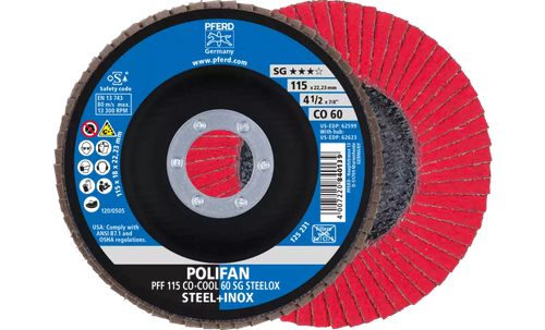 PFERD 62599 Polifan Flap Disc | 7/8" Arbor Hole | 4-1/2" Diameter | Ceramic Oxide 60 Grit | Flat | Sold by Box of 10 PFERD 62599 Polifan Flap Disc | 7/8" Arbor Hole | 4-1/2" Diameter | Ceramic Oxide 60 Grit | Flat | Sold by Box of 10