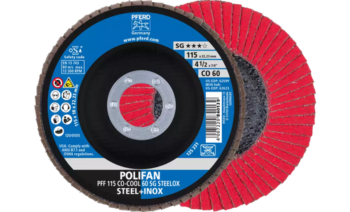 Pferd 62599 Polifan Flap Disc | 7/8" Arbor Hole | 4-1/2" Diameter | Ceramic Oxide 60 Grit | Type 27 | Sold by Box of 10