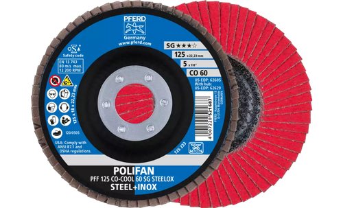 Pferd 62605 Polifan Flap Disc | 7/8" Arbor Hole | 5" Diameter | Ceramic Oxide 60 Grit | Type 27 | Sold by Box of 10