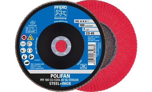 PFERD 62615 Polifan Flap Disc | 7/8" Arbor Hole | 7" Diameter | Ceramic Oxide 40 Grit | Type 27 | Sold by Box of 10