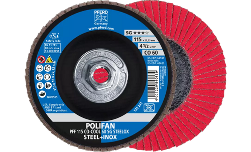 Pferd 62623 Polifan Flap Disc | 5/8-11" Arbor Hole | 4-1/2" Diameter | Ceramic Oxide 60 Grit | Type 27 | Sold by Box of 10