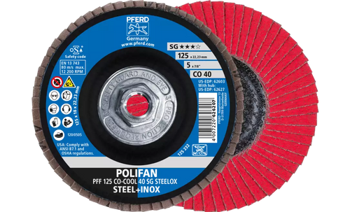 PFERD 62627 Polifan Flap Disc | 5/8-11" Arbor Hole | 5" Diameter | Ceramic Oxide 40 Grit | Type 27 | Sold by Box of 10