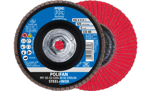 Pferd 62627 Polifan Flap Disc | 5/8-11" Arbor Hole | 5" Diameter | Ceramic Oxide 40 Grit | Type 27 | Sold by Box of 10