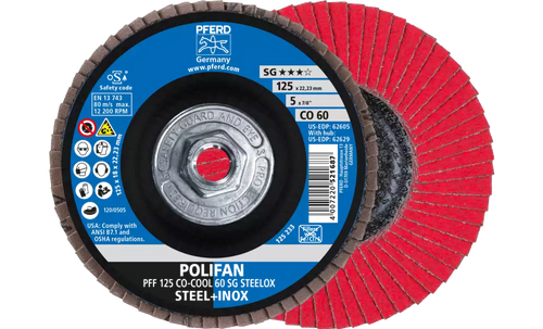 Pferd 62629 Polifan Flap Disc | 5/8-11" Arbor Hole | 5" Diameter | Ceramic Oxide 60 Grit | Type 27 | Sold by Box of 10