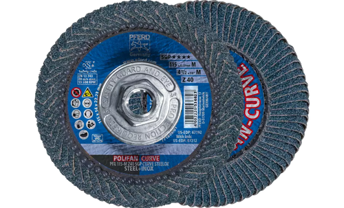 PFERD 67212 Polifan Flap Disc | 5/8-11" Arbor Hole | 4-1/2" Diameter | Zirconia Alumina 40 Grit | Radial Type | Sold by Box of 10