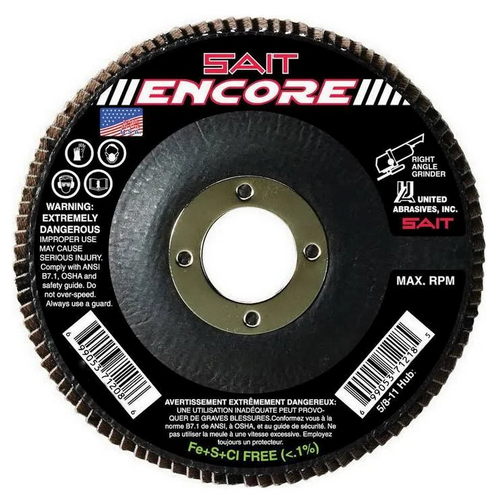 United Abrasives SAIT 71215 Encore Regular Density Flap Disc | 4-1/2" Diameter | 5/8"-11 Arbor Hole | Zirconium 36 Grit | Type 27 | Sold by Pack of 10