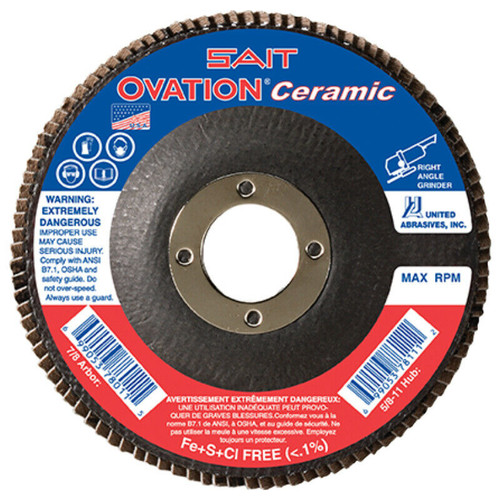 United Abrasives SAIT 78262 Ovation High Density Flap Disc | 4-1/2" Diameter | 7/8" Arbor Hole | Ceramic 60 Grit | Type 27 | Sold by Pack of 10