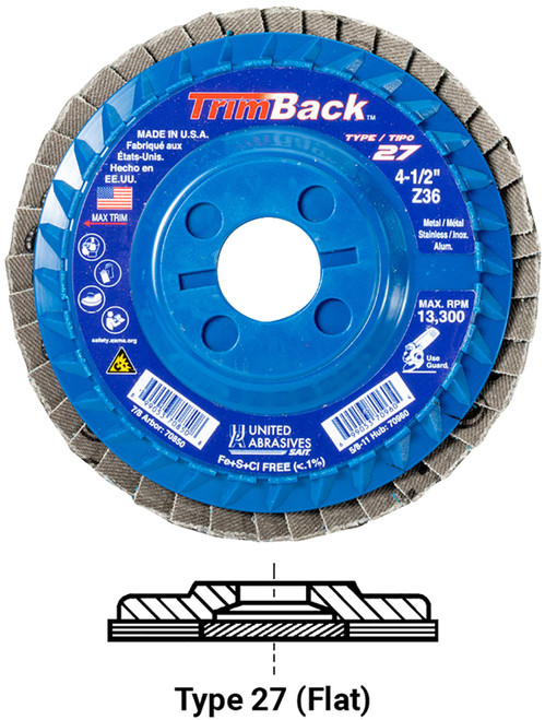 United Abrasives SAIT 70960 TrimBack Regular Density Flap Disc | 4-1/2" Diameter | 5/8"-11 Arbor Hole | Zirconium 36 Grit | Type 27 | Sold by Pack of 10