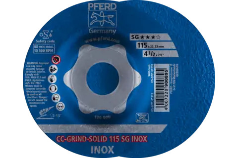Pferd 61215 CC-GRIND-SOLID SG INOX Grinding Disc | 4-1/2" Diameter | 7/8" Arbor Hole | Sold by Box of 10