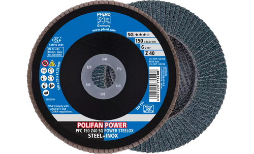 Pferd 62186 Polifan Flap Disc | 7/8" Arbor Hole | 6" Diameter | Zirconia Alumina 40 Grit | Type 29 | Sold by Box of 10
