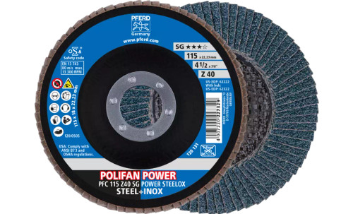 Pferd 62222 Polifan Flap Disc | 7/8" Arbor Hole | 4-1/2" Diameter | Zirconia Alumina 40 Grit | Type 29 | Sold by Box of 10