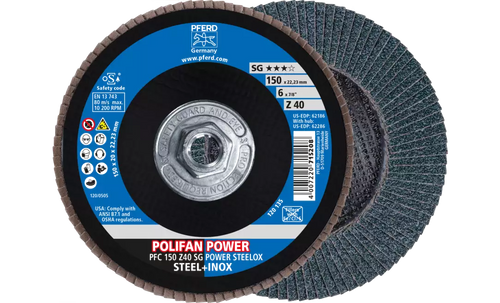PFERD 62286 Polifan Flap Disc | 5/8-11" Arbor Hole | 6" Diameter | Zirconia Alumina 40 Grit | Conical | Sold by Box of 10 PFERD 62286 Polifan Flap Disc | 5/8-11" Arbor Hole | 6" Diameter | Zirconia Alumina 40 Grit | Conical | Sold by Box of 10