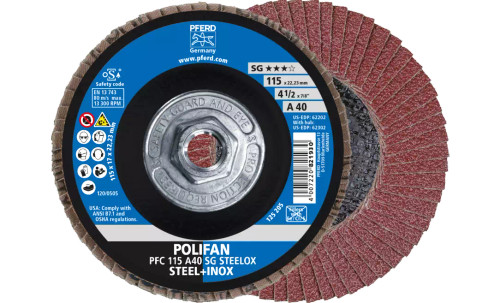Pferd 62302 SG Steelox Polifan Flap Disc | 5/8-11" Arbor Hole | 4-1/2" Diameter | Aluminum Oxide 40 Grit | Type 29 | Sold by Box of 10