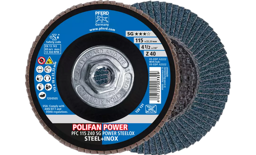 Pferd 62322 Polifan Flap Disc | 5/8-11" Arbor Hole | 4-1/2" Diameter | Zirconia Alumina 40 Grit | Type 29 | Sold by Box of 10