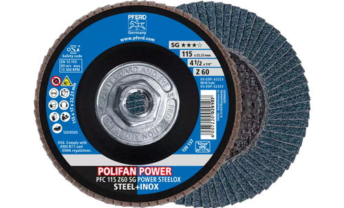 Pferd 62323 Polifan Flap Disc | 5/8-11" Arbor Hole | 4-1/2" Diameter | Zirconia Alumina 60 Grit | Type 29 | Sold by Box of 10