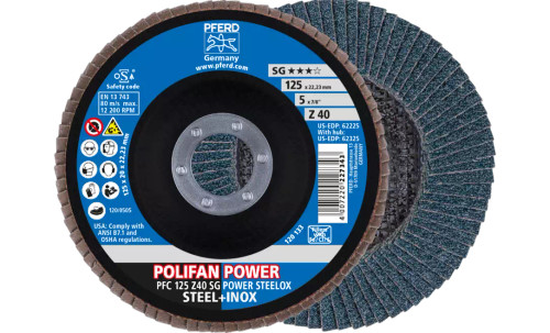 Pferd 62225 Polifan Flap Disc | 7/8" Arbor Hole | 5" Diameter | Zirconia Alumina 40 Grit | Type 29 | Sold by Box of 10