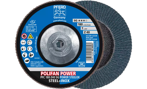 Pferd 62328 Polifan Flap Disc | 5/8-11" Arbor Hole | 7" Diameter | Zirconia Alumina 40 Grit | Type 29 | Sold by Box of 10