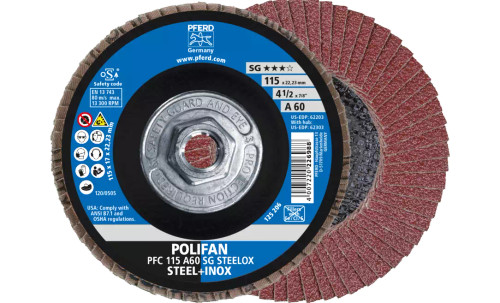 Pferd 62303 SG Steelox Polifan Flap Disc | 5/8-11" Arbor Hole | 4-1/2" Diameter | Aluminum Oxide 60 Grit | Type 29 | Sold by Box of 10