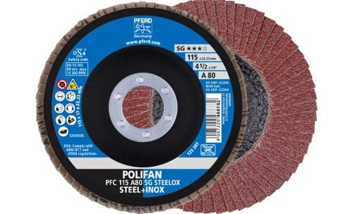 PFERD 62204 Polifan Flap Disc | 7/8" Arbor Hole | 4-1/2" Diameter | Aluminum Oxide 80 Grit | Conical | Sold by Box of 10 PFERD 62204 Polifan Flap Disc | 7/8" Arbor Hole | 4-1/2" Diameter | Aluminum Oxide 80 Grit | Conical | Sold by Box of 10